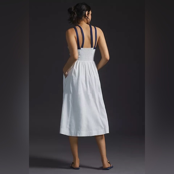 Anthropologie Maeve Strappy Button-Front Midi Dress 10 linen nautical white - Picture 2 of 16
